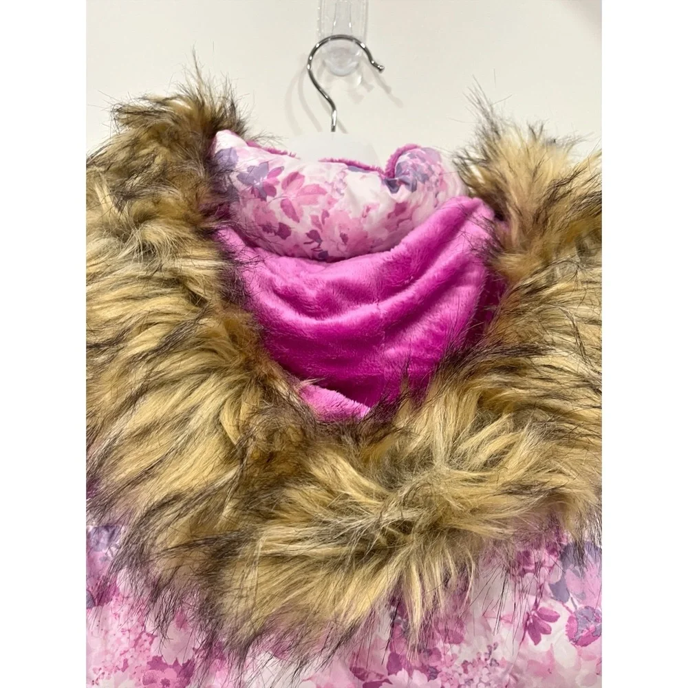 SO Girls Floral Puffer Jacket Faux Fur Hood Pink Purple Size 10/12